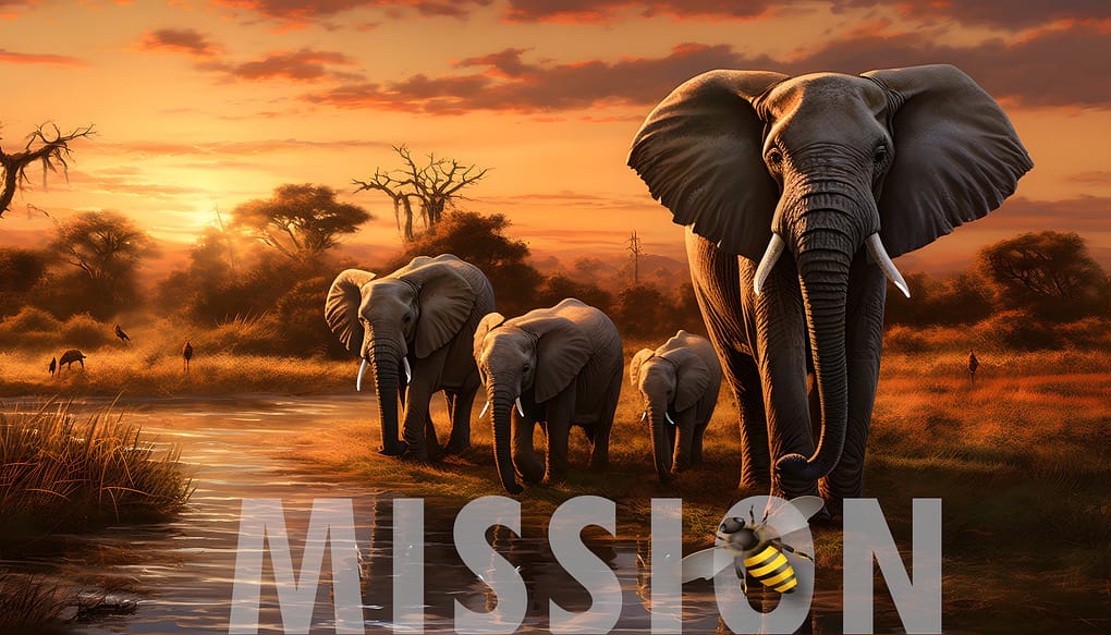 Image of an elephant herd with mission word and an African bee